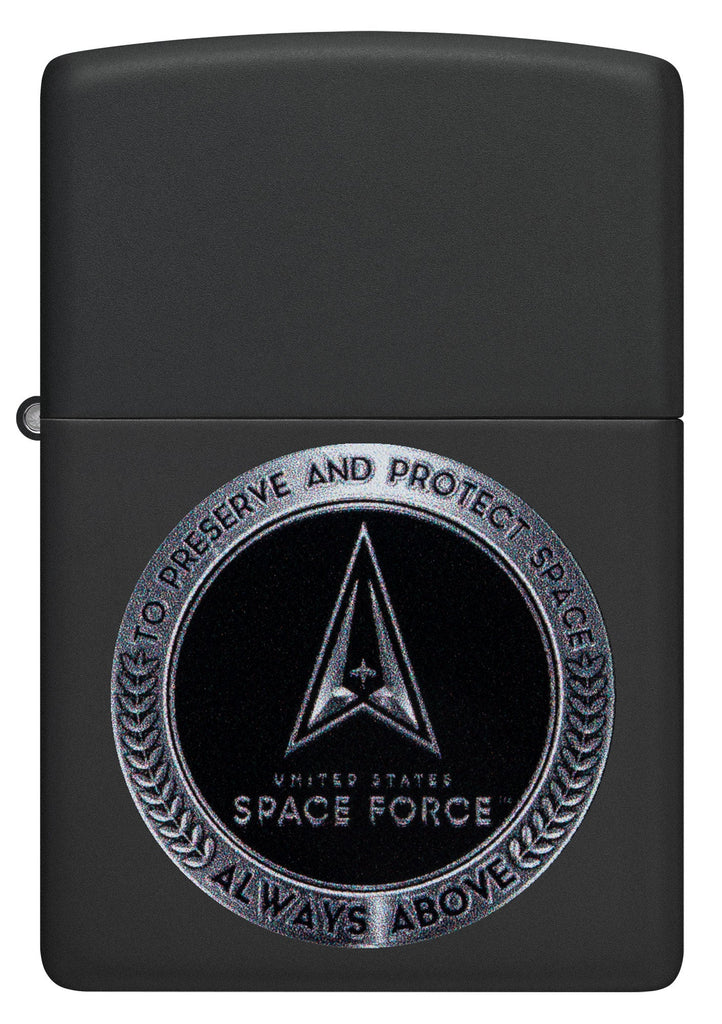 Front view of Zippo U.S. Space Force Design Black Matte Windproof Lighter.