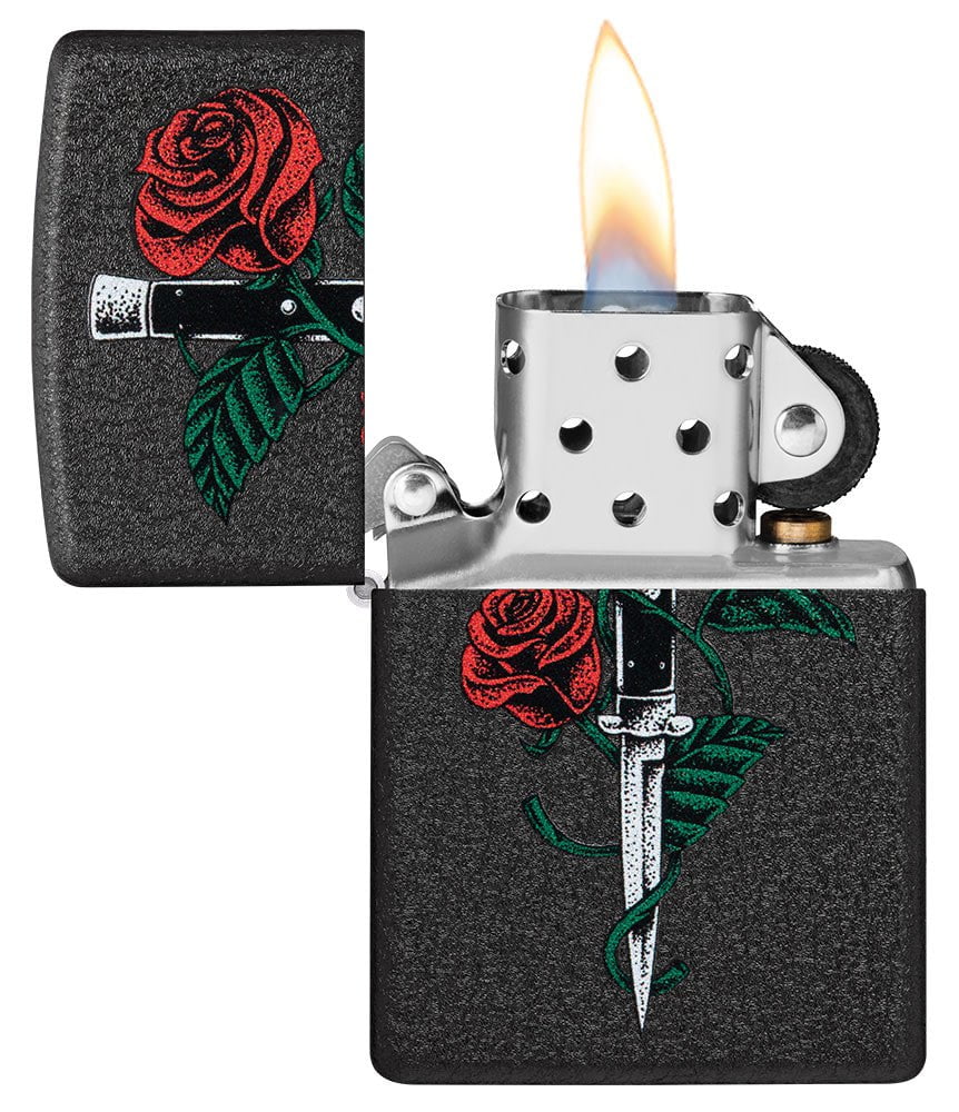 Rose Dagger Tattoo Design Black CrackleÂ® Windproof Lighter with its lid open and lit.