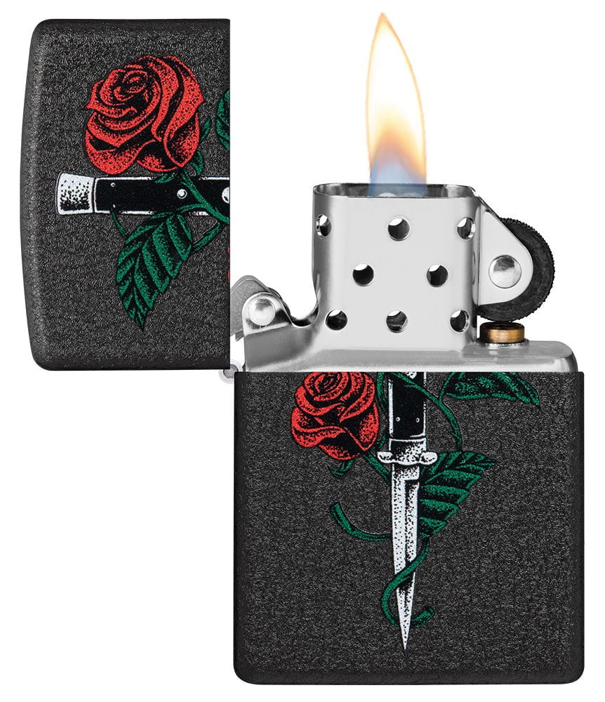 Rose Dagger Tattoo Design Black Crackle® Windproof Lighter with its lid open and lit.
