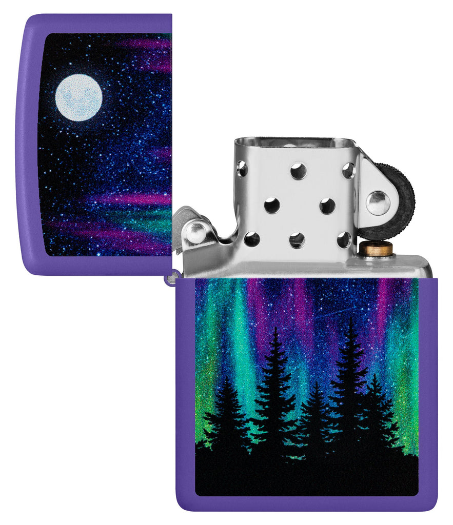 Zippo Northern Lights Design Purple Matte Windproof Lighter with its lid open and unlit.