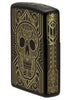Front angle view of Art Deco Skull Black Matte Windproof Lighter showing the right side of the lighter