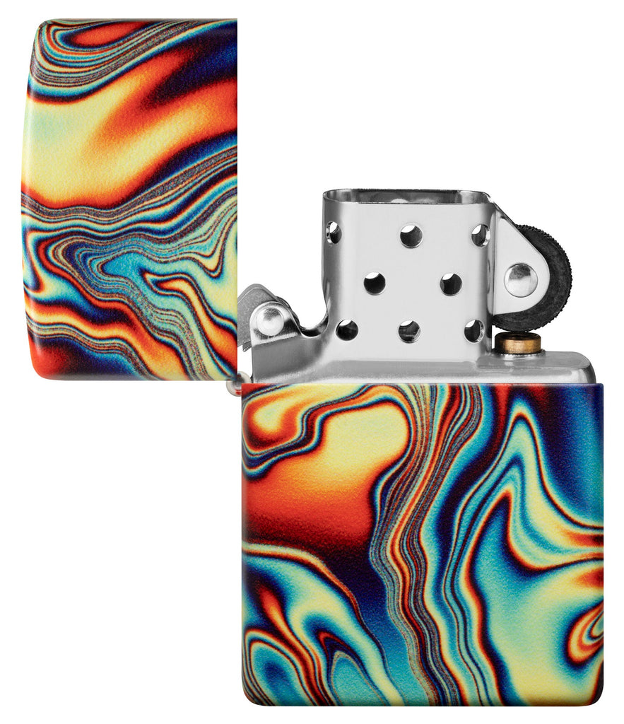 Zippo Colorful Swirl Design Glow in the Dark 540 Color Windproof Lighter with its lid open and unlit.