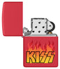 Zippo KISS Design Red Matte Windproof Lighter with its lid open and unlit.
