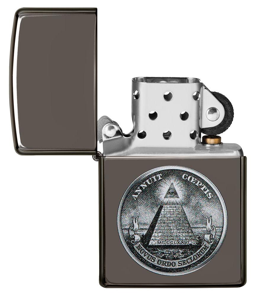 Dollar Design Black Ice Windproof Lighter with its lid open and unlit