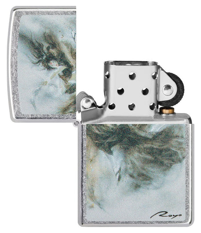 Luis Royo Design Street Chrome™ Windproof Lighter with its lid open and unlit.