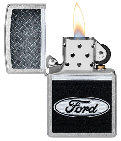 Ford Logo Diamond Plate Metal Design Street Chrome Windproof Lighter with its lid open and lit.