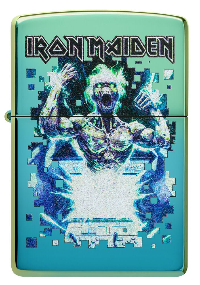 Front view of Iron Maiden Eddie Design High Polish Teal Windproof Lighter.