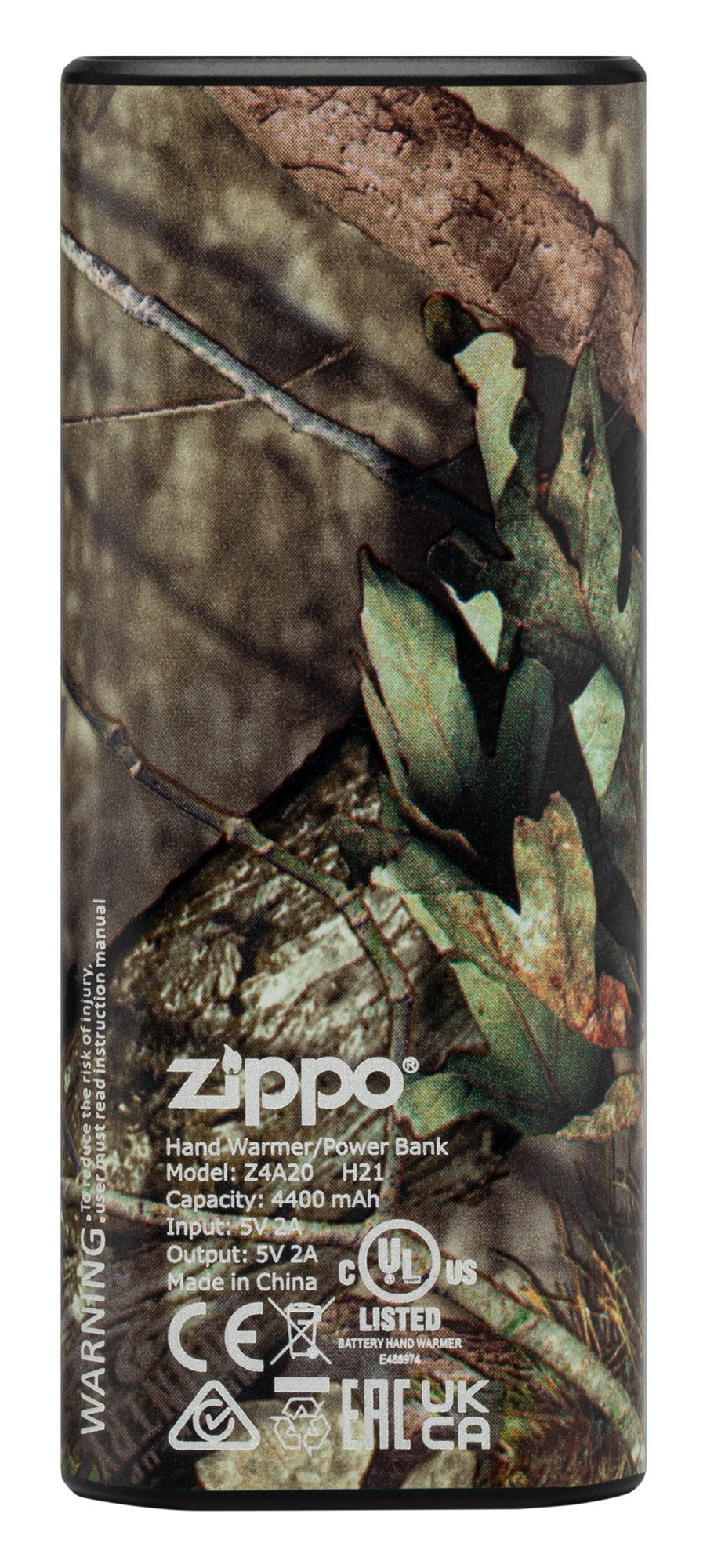 Back of Mossy OakÂ® Break-Up CountryÂ® HeatBankÂ® 6 Rechargeable Hand Warmer.