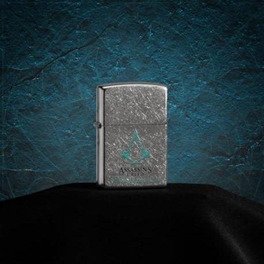 Assassin's Creed Valhalla pocket lighter closed showing the front of the lighter in front of a blue background