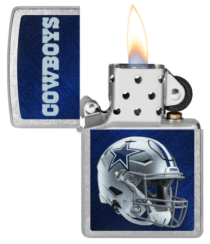 NFL Dallas Cowboys Helmet Street Chrome Windproof Lighter with its lid open and lit.