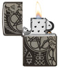 Occult Design High Polish Black Windproof Lighter with its lid open and lit.