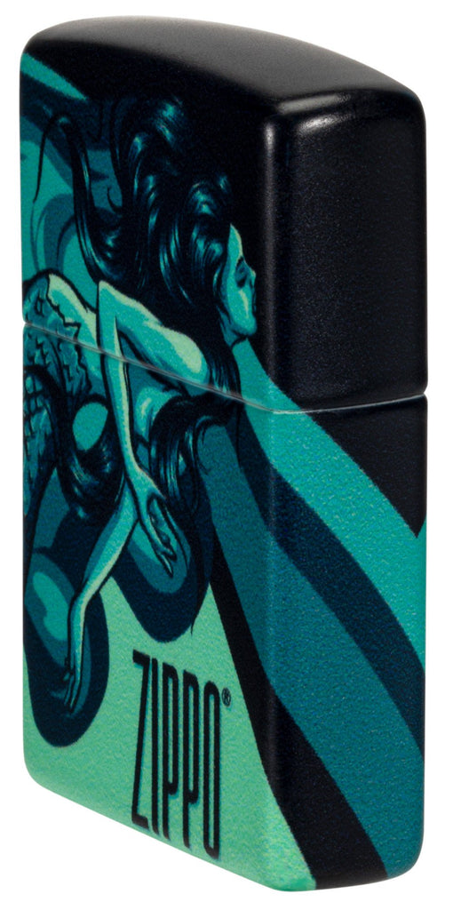 Angled shot of Zippo Mermaid Design 540 Color Windproof Lighter showing the front and right side of the lighter.