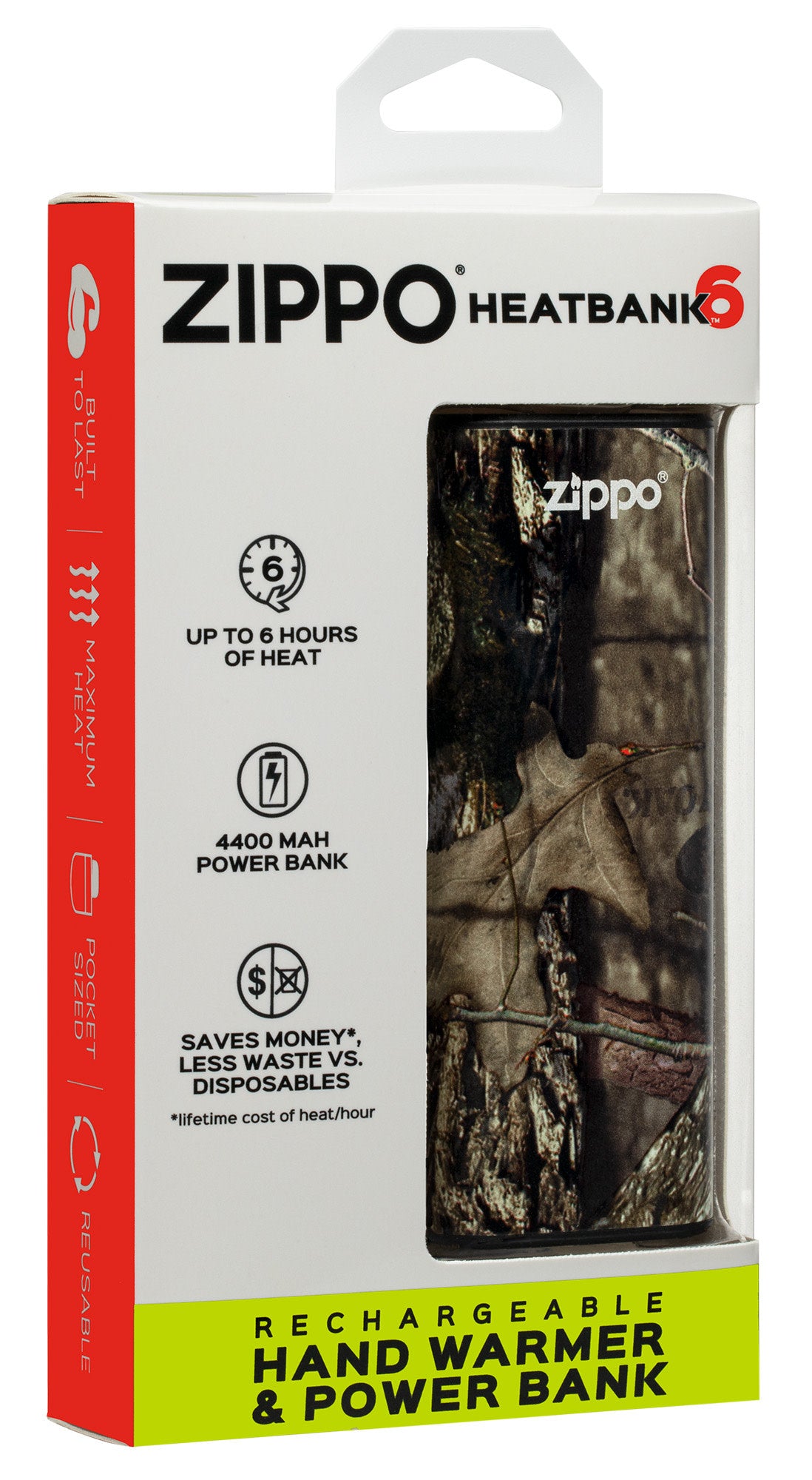 Mossy OakÂ® Break-Up CountryÂ® HeatBankÂ® 6 Rechargeable Hand Warmer in it's packaging.