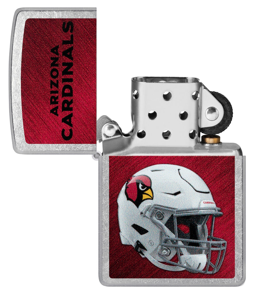 NFL Arizona Cardinals Helmet Street Chrome Windproof Lighter with its lid open and unlit.