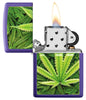 Cannabis Design Texture Print Leaf Purple Matte Windproof Lighter with its lid open and lit.