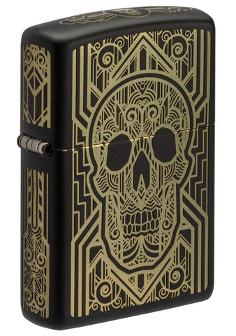 Front view of Art Deco Skull Black Matte Windproof Lighter standing at a 3/4 angle