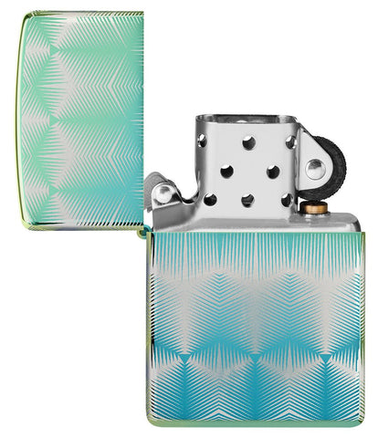 Pattern Design High Polish Teal Windproof Lighter with its lid open and unlit.