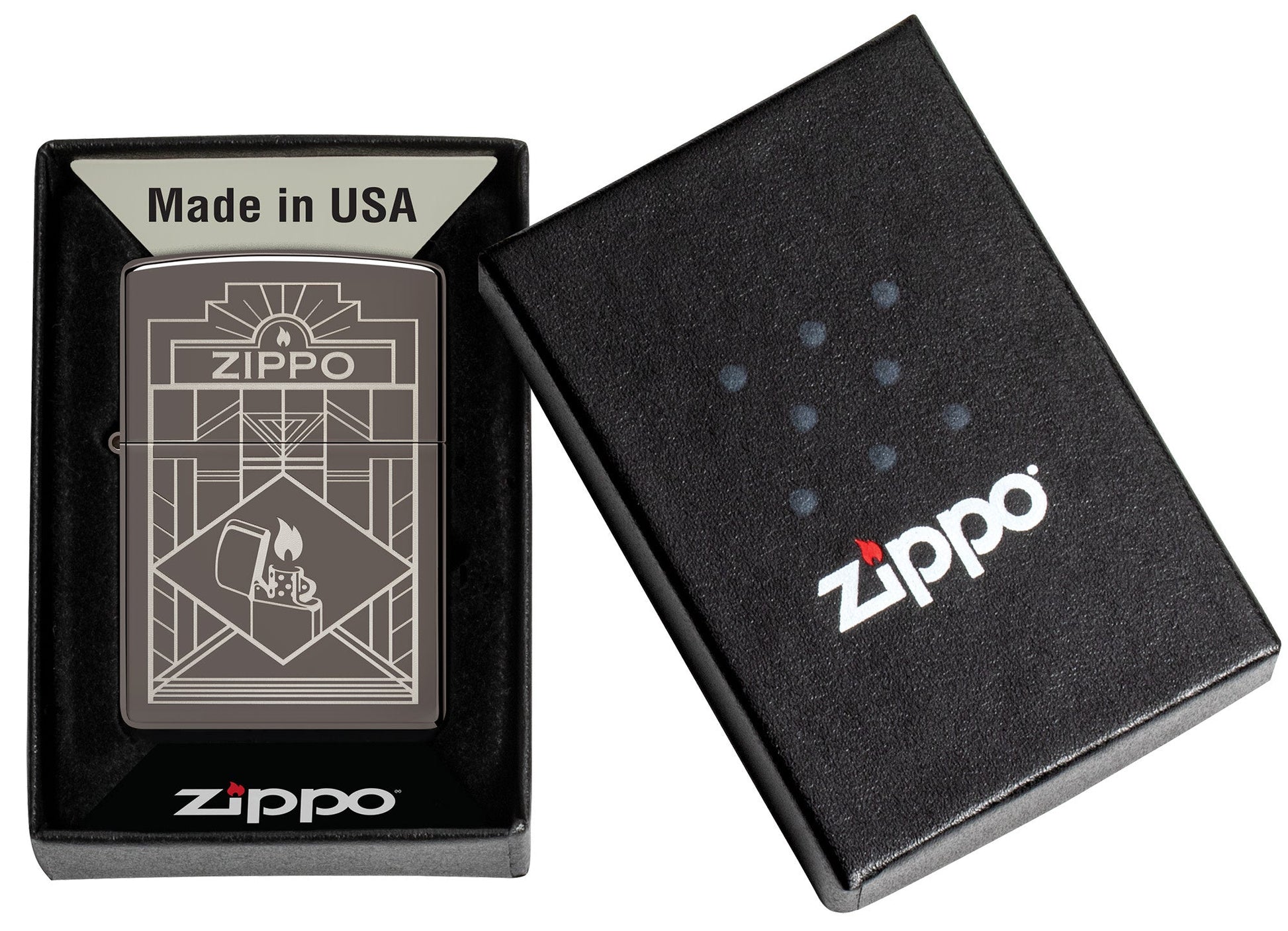 Zippo Art Deco Design Black IceÂ® Windproof Lighter in it's packaging.