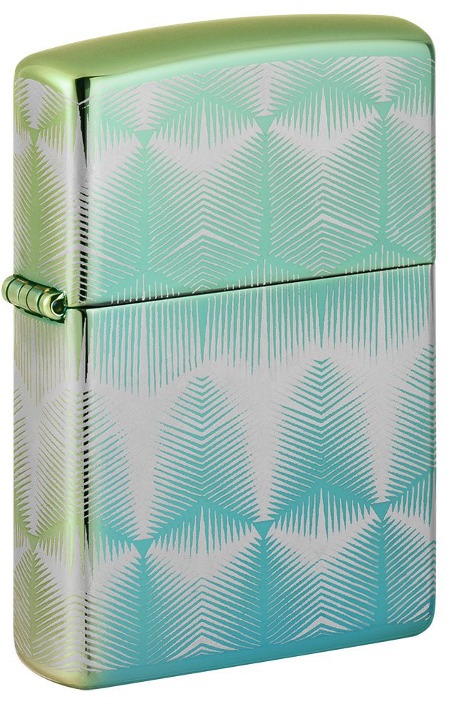 Front shot of Pattern Design High Polish Teal Windproof Lighter standing at a 3/4 angle.