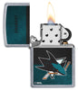NHL® San Jose Sharks Street Chrome™ Windproof Lighter with its lid open and lit