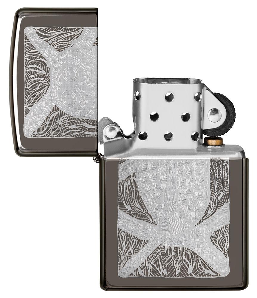 John Smith Gumbula Owl Black IceÂ® Windproof Lighter with its lid open and unlit