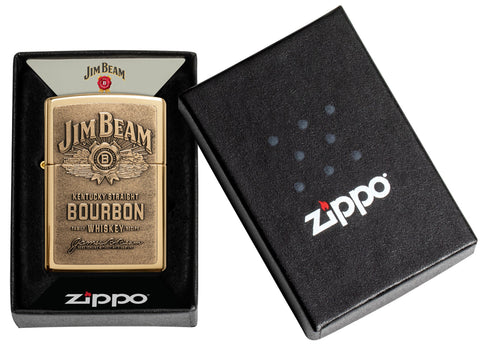 Jim Beam Bronze Bourbon Whiskey Emblem High Polish Brass Windproof Lighter in packaging.