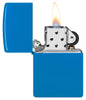 Zippo Sky Blue Matte Classic Windproof Lighter with its lid open and lit.
