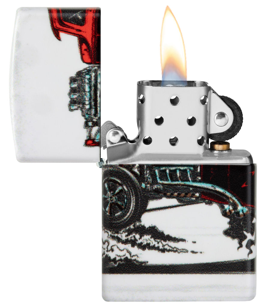 Zippo Hot Rod Design 540 Color Matte Windproof Lighter with its lid open and lit.