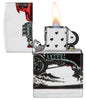 Zippo Hot Rod Design 540 Color Matte Windproof Lighter with its lid open and lit.