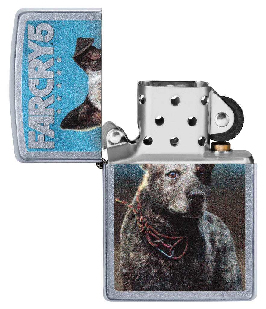 Far Cry 5 Boomer Windproof Lighter with its lid open and not lit