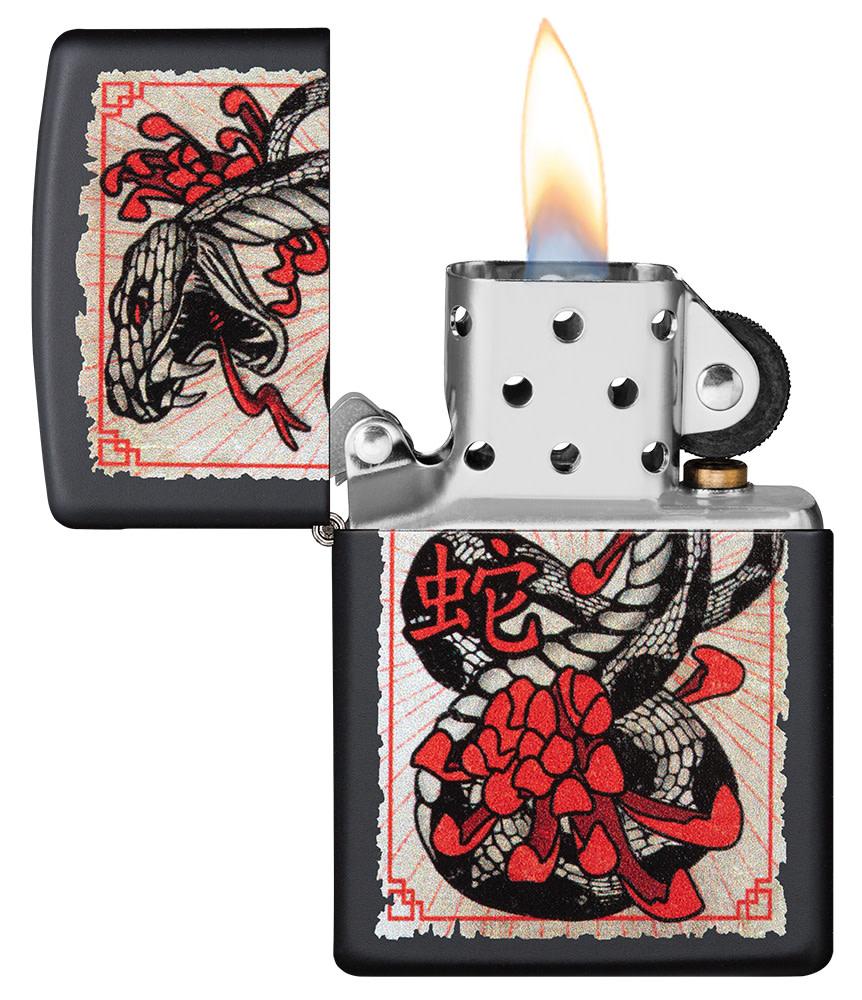 Snake Tattoo Black Matte Windproof Lighter with its lid open and lit
