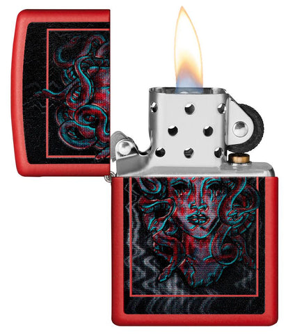 Medusa Design Red Matte Windproof Lighter with its lid open and lit