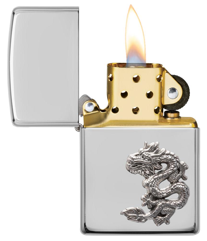 ArmorÂ® Chinese Dragon Sterling Silver Emblem Windproof Lighter with its lid open and lit.
