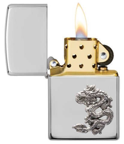 Armor® Chinese Dragon Sterling Silver Emblem Windproof Lighter with its lid open and lit.