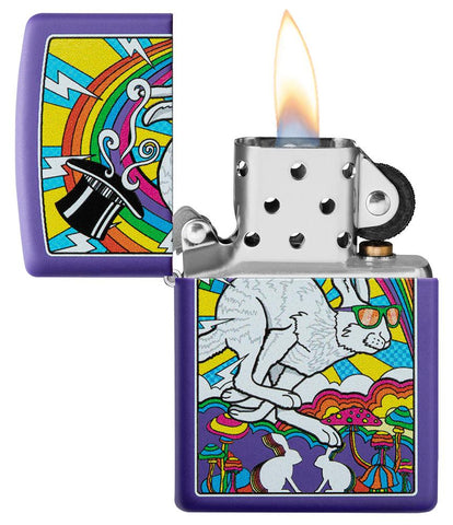 White Rabbit Design Purple Matte Windproof Lighter with its lid open and lit.