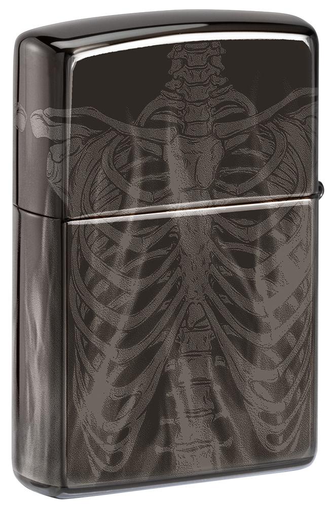 Back view of Rib Cage Design High Polish Black Windproof Lighter standing at a 3/4 angle.