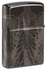 Back view of Rib Cage Design High Polish Black Windproof Lighter standing at a 3/4 angle.