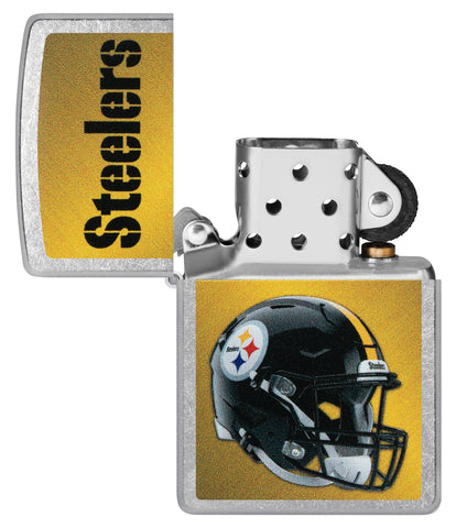 NFL Pittsburgh Steelers Helmet Street Chrome Windproof Lighter with its lid open and unlit.