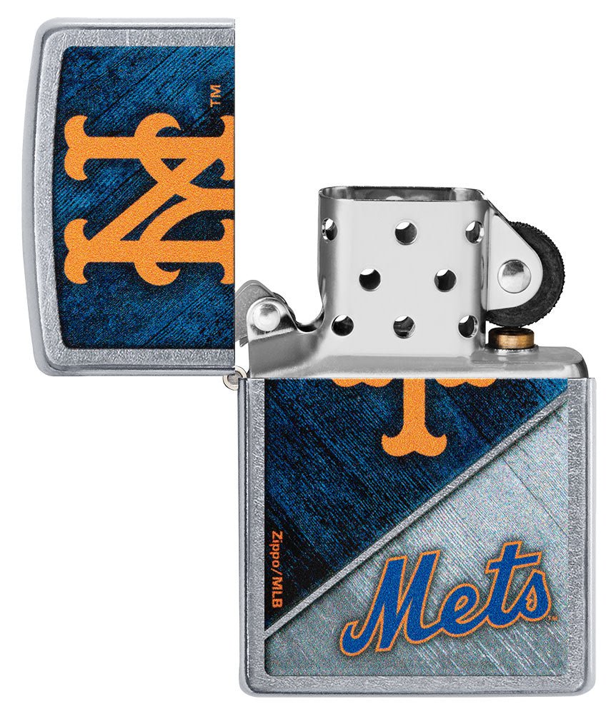 MLB™ New York Mets™ Street Chrome™ Windproof Lighter with its lid open and unlit.