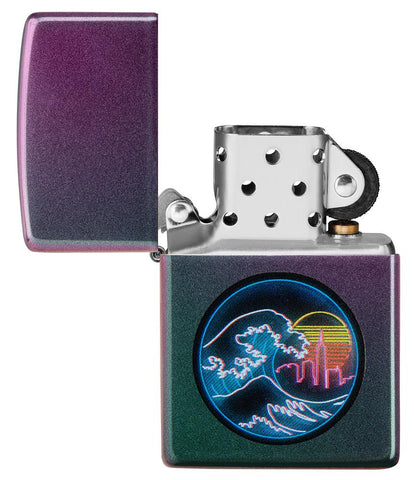 Great Vaporwave Iridescent Windproof Lighter with its lid open and unlit