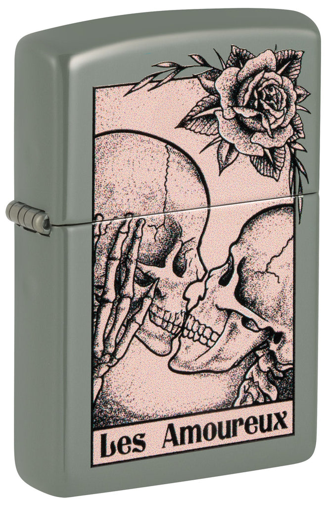 Front shot of Zippo Death Kiss Design Sage Windproof Lighter standing at a 3/4 angle.