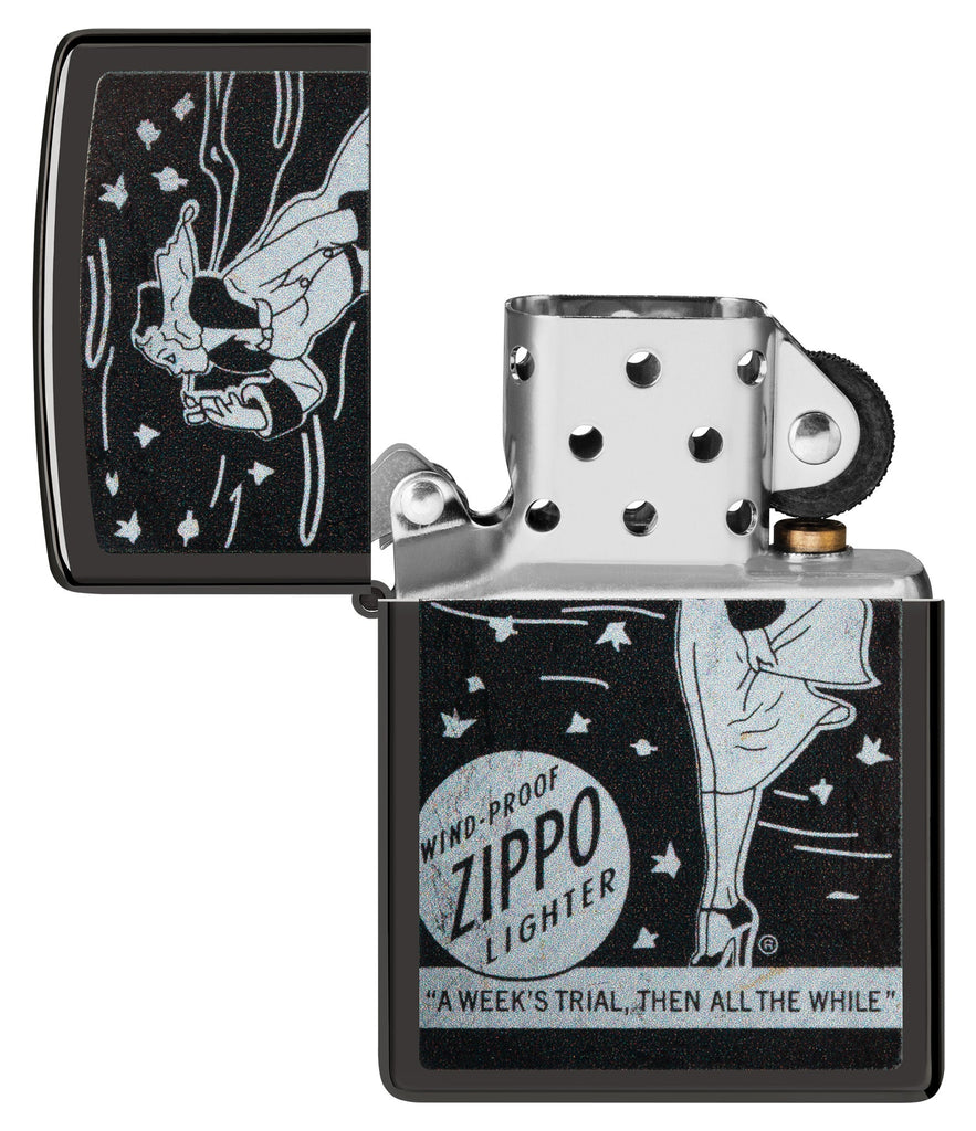 Windy Design High Polish Black Windproof Lighter with its lid open and unlit.