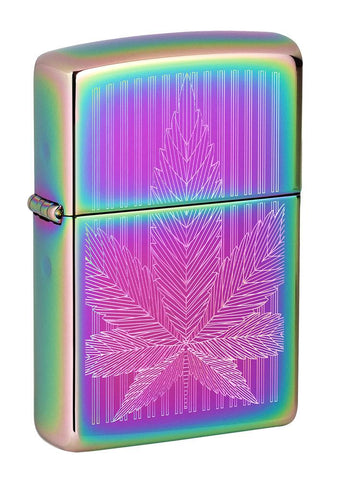 Front view of Cannabis Leaf Design Multi Color Windproof Lighter standing at a 3/4 angle.