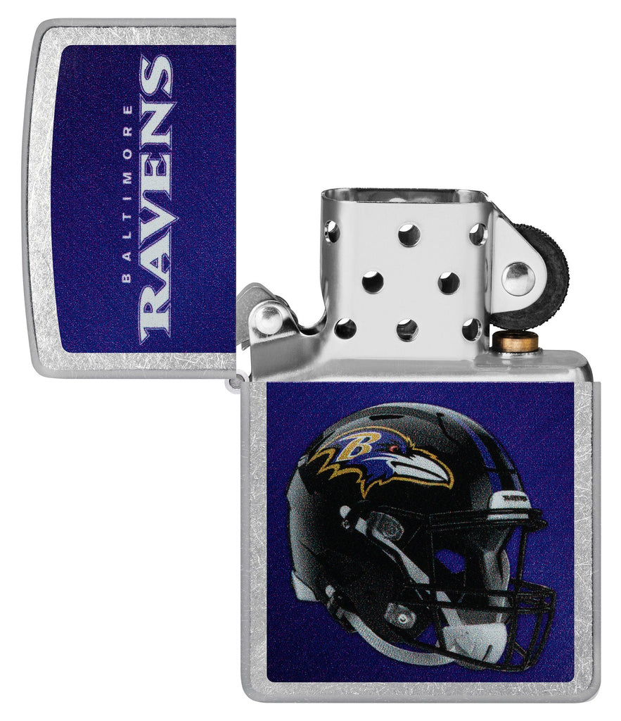NFL Baltimore Ravens Helmet Street Chrome Windproof Lighter with its lid open and unlit.