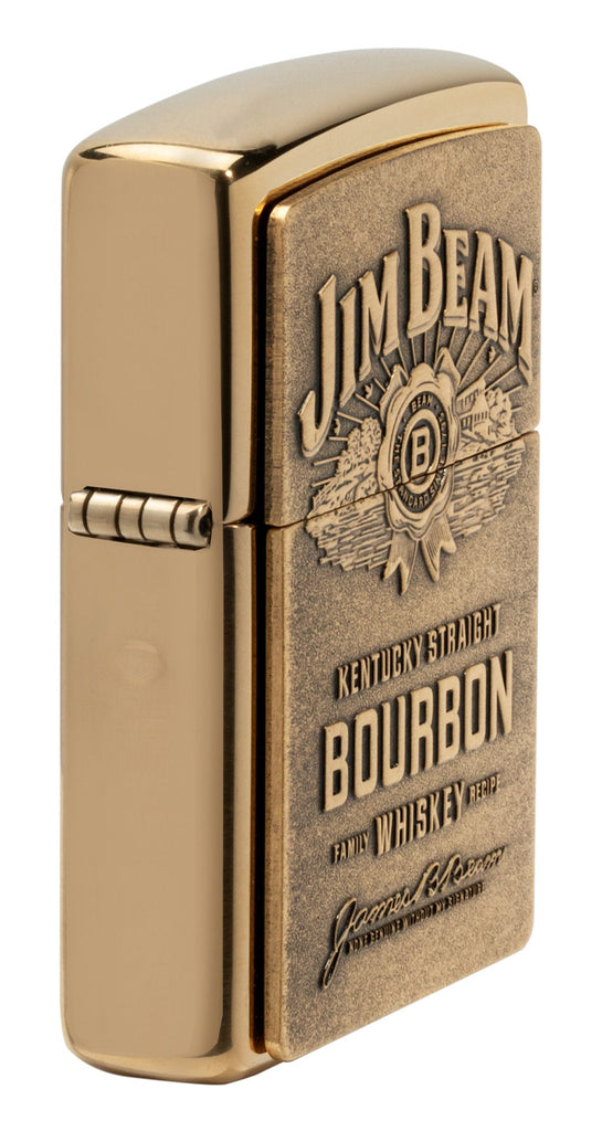 Front angled view of Jim Beam Bronze Bourbon Whiskey Emblem High Polish Brass Windproof Lighter, showing the emblem.