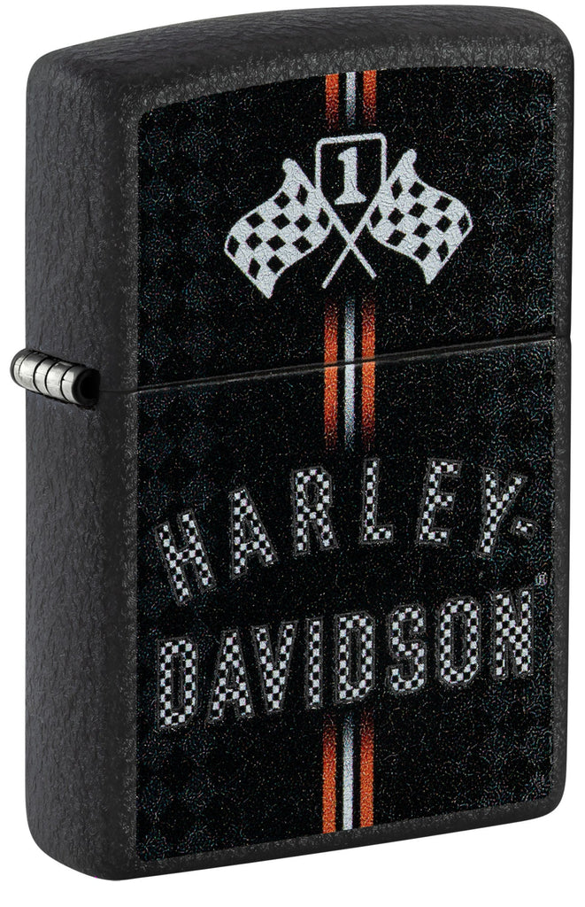 Front shot of Zippo Harley-Davidson Checkered Flags Design Black Crackle Windproof Lighter standing at a 3/4 angle.