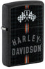 Front shot of Zippo Harley-Davidson Checkered Flags Design Black Crackle Windproof Lighter standing at a 3/4 angle.