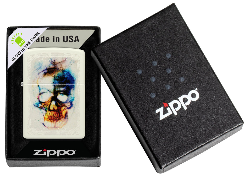 Zippo Zippo Skull Print Design Glow in the Dark Matte Windproof Lighter in its packaging.