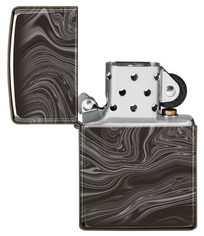 Marble Pattern Design High Polish Black Windproof Lighter with its lid open and unlit.