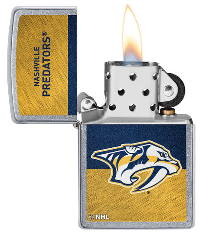 NHL® Nashville Predators Street Chrome™ Windproof Lighter with its lid open and lit